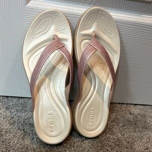 CROCS Women's Cream Footbed with Rose Pink Strap Sequin Sandals